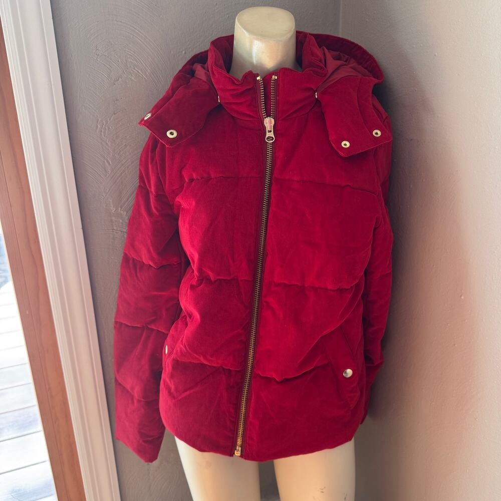 Crew women's red corduroy hooded puffer jacket size small